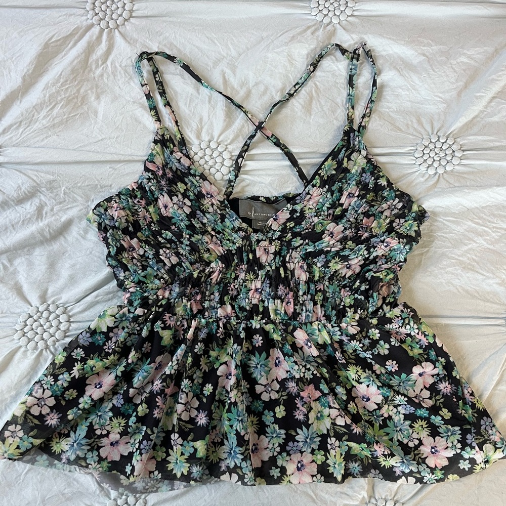 Anthropologie Floral Black and Pink Women's Babydoll Top